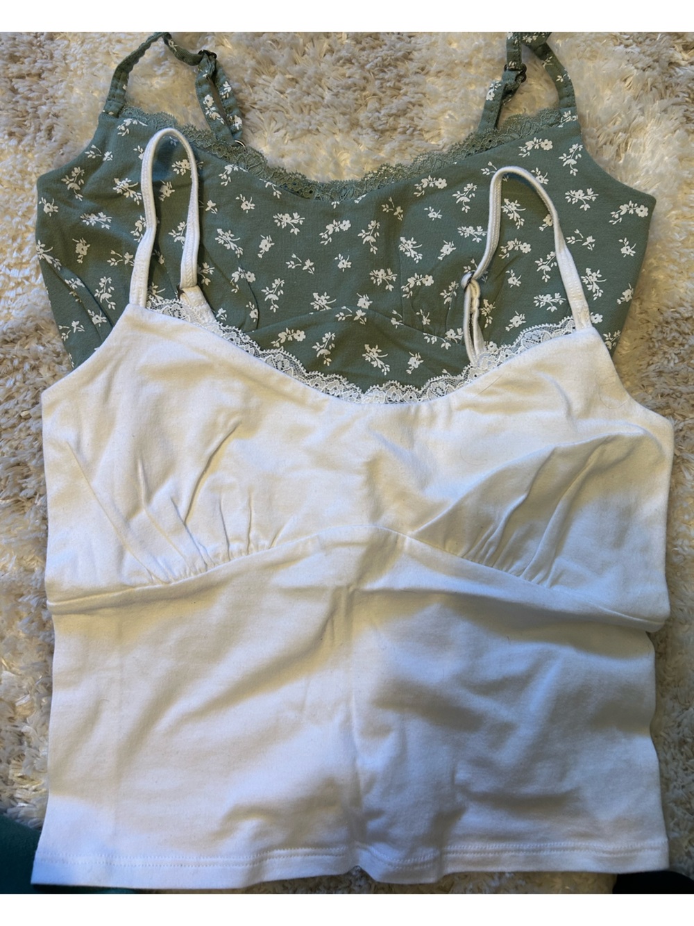 Hollister White Lace-Trim Tank Top with Green Floral Accent